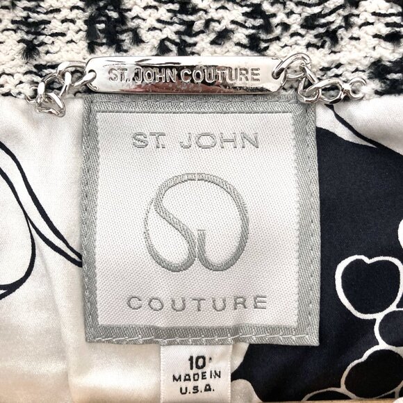 ST JOHN COUTURE Boucle Zip Up Jacket with Ruffled Silk Scarf Trim Chanel-Like - Picture 2 of 7